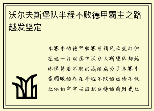 沃尔夫斯堡队半程不败德甲霸主之路越发坚定